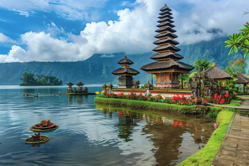 Obraz premium Scenic Balinese temple at sunrise on reflective lake