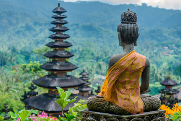 Fototapeta premium Buddha statue overlooking Balinese temple and landscape
