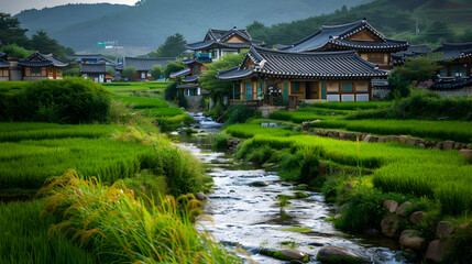 A small stream flows through the rice fields. with green grass and traditional Korean houses in view 