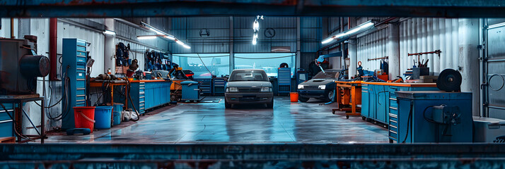 A smeared snapshot captures a garage with mechanics repairing cars in motion blur. The practical space features metal walls and blue tools. 