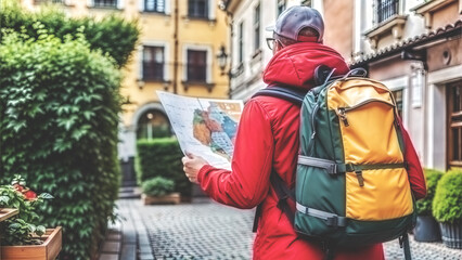 A tourist with a map in his hands stands in the middle of the old city and studies the route.