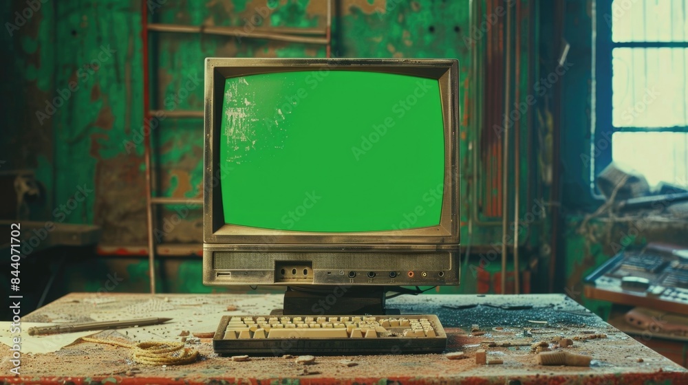 Aufkleber An old computer with a green monochrome screen sitting on a table, suitable for use in historical or nostalgic settings