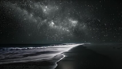 At the edge of the starlit beach the sand fades into the darkness creating an ethereal yet serene atmosphere under the starspangled sky.