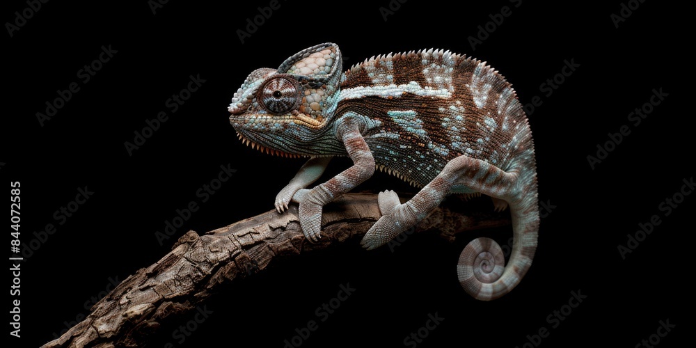 Poster a chameleon sitting on a branch with vibrant green skin, displaying its prehensile tail and eyes loo