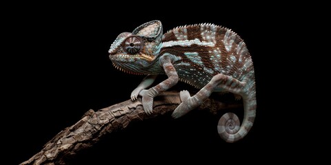 A chameleon sitting on a branch with vibrant green skin, displaying its prehensile tail and eyes looking forward