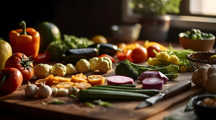 Differents types of vegetables on the table of a kitchen high quality food 