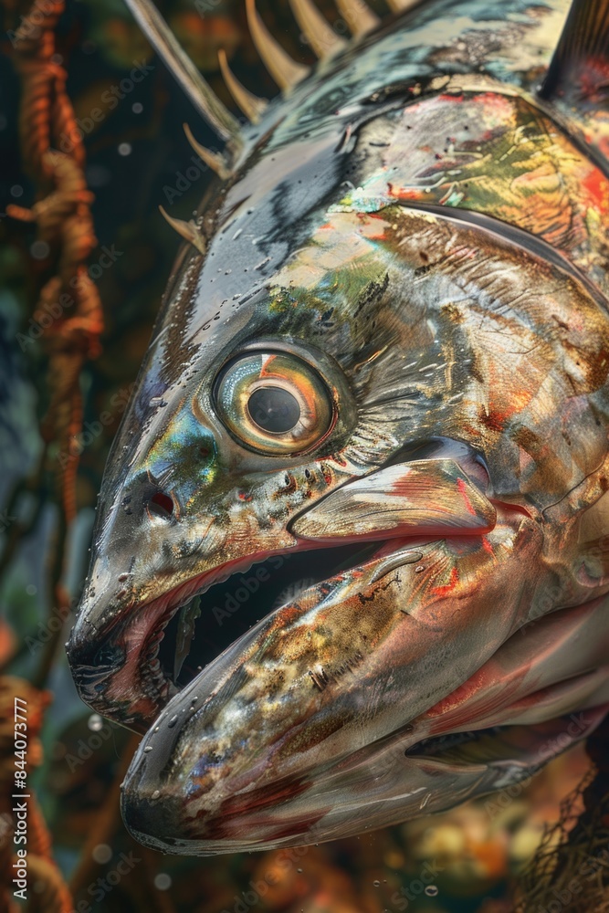Poster a close-up shot of a fish with its mouth open, suitable for use in aquatic-related designs or as a d