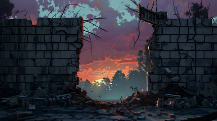 Fototapeta premium A torn down wall of cinder blocks with a wide chasm in the center. The background is twilight and mysterious. 