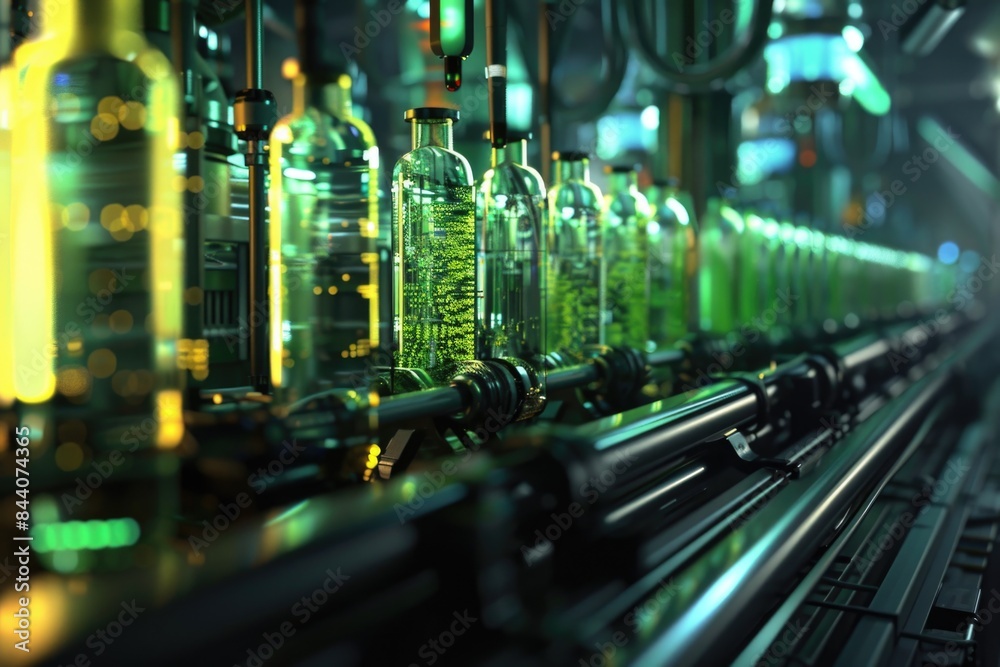 Poster A row of bottles moving along a production line