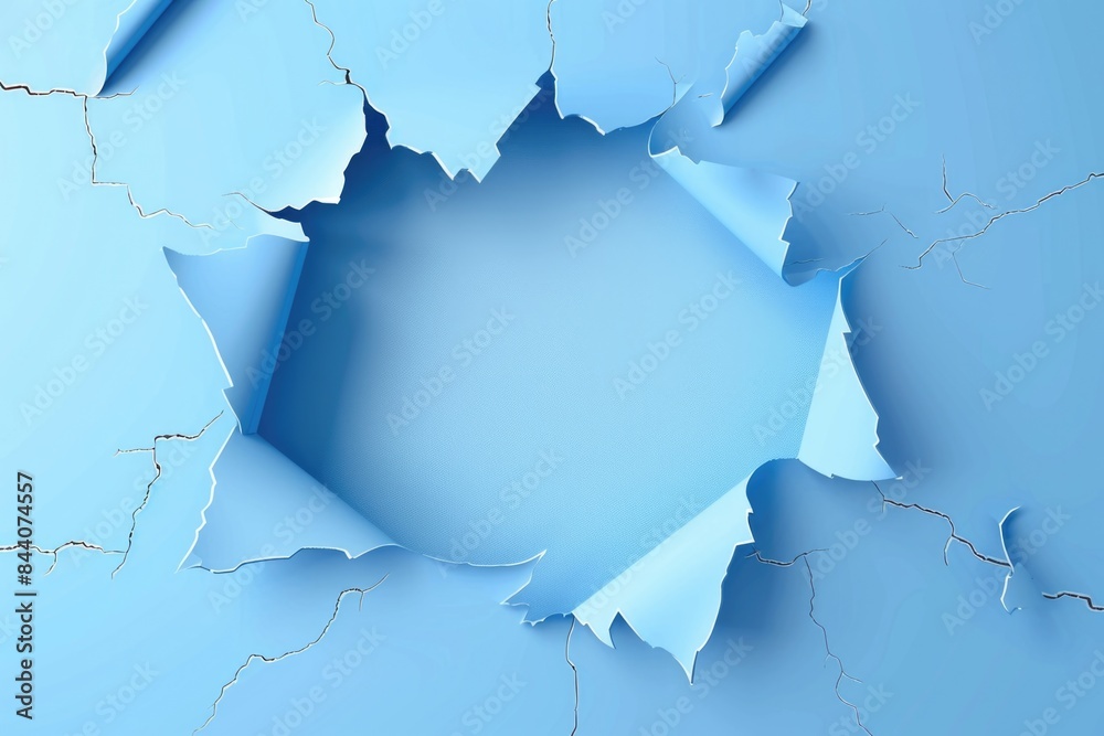 Poster a hole and a crack on a blue wall, suitable for use as a background or texture