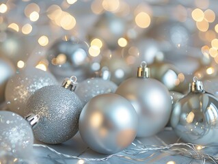 A bunch of silver and white Christmas ornaments are scattered on a table