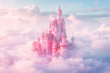 A fantasy image of a castle floating in the clouds with a bright blue sky background