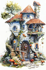 Fototapeta premium Whimsical Fairy Tale Cottage with Red Mushrooms and Ivy - Fantasy Illustration for Posters, Decor, Cards