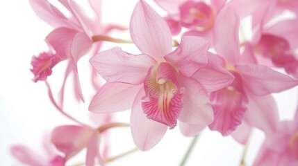 Obraz premium A close-up photo of a pink flower against a pure white background, suitable for use in editorial or commercial contexts