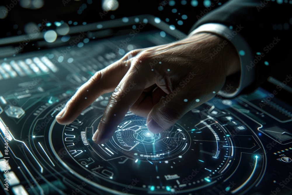 Aufkleber a person interacting with a futuristic interface on a tablet