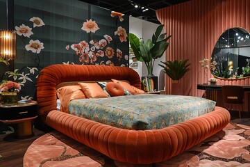 A modern orange velvet bed with a headboard featuring unique floral patterns sits in a contemporary bedroom