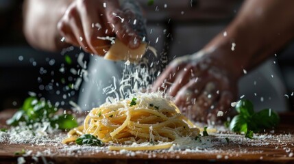 A person sprinkling cheese on a pasta dish