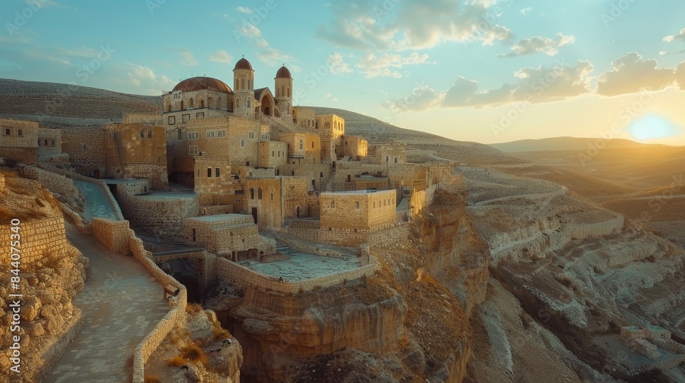 Poster a large stone building perched on the edge of a cliff, offering stunning views