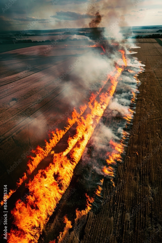 Aufkleber a large fire is burning in the middle of an open field, surrounded by dry grass and darkness
