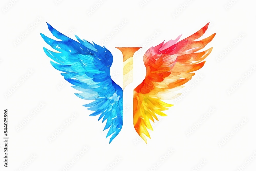 Poster a vibrant and colorful letter with wings on a white background, ideal for use in illustrations or de