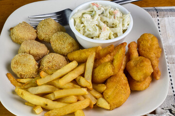 baked  scallops, and shrimp served with fries