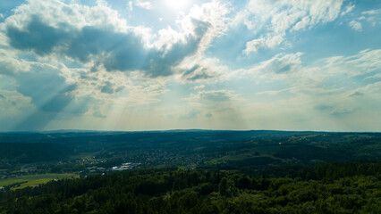 Aerial view rural landscape farms villages picturesque green