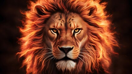 Naklejka premium The regal essence of the fire lion with a close-up portrait, highlighting its flaming mane and piercing eyes.