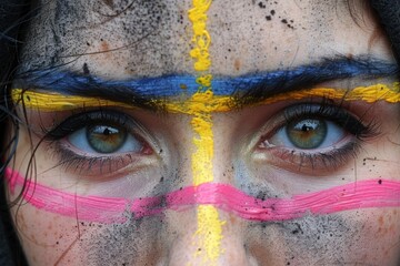 Close Up of a Womans Face Covered in Colorful Paint and Dirt