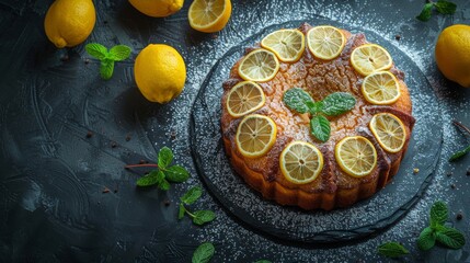 A beautifully presented citrus cake adorned with perfectly sliced lemons and fresh mint
