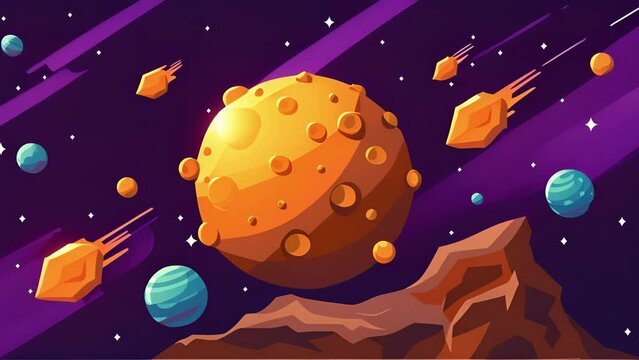 A data asteroid field with each asteroid containing valuable data waiting to be collected and analyzed.. 2d flat cartoon