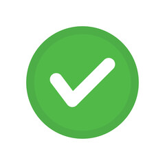Green positive vote round button with checkmark accept complete task badge vector illustration. Success confirmation logotype keypad agree approved check mark. Done checkbox. Tick button emoji icon.	