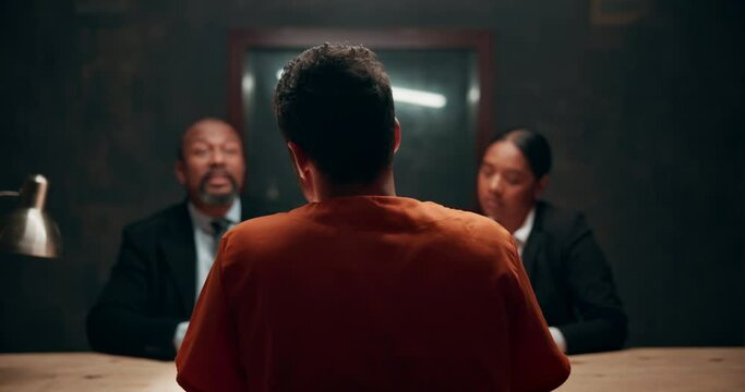 Investigation, prisoner and police in jail for statement of fraud, crime or scam for law trial. Questions, interrogation and back of man thief talking to private detectives for legal justice system.