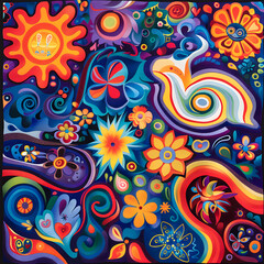 Psychedelic Harmony: A Colorful Tapestry of Hippie Culture with Peace Signs, Hearts, and Nature Motifs, Echoing the Spirit of the 60s and 70s