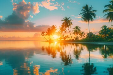Obraz premium Sunset over a tropical beach with palm trees: Stunning orange sunset reflecting on the calm waters of a tropical beach, surrounded by lush palm trees, blue sky