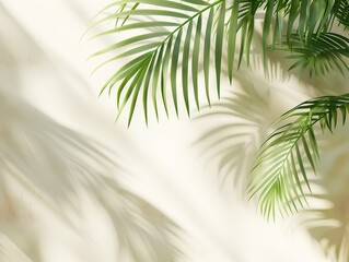 Fototapeta premium A leafy palm tree casts a shadow on a white wall