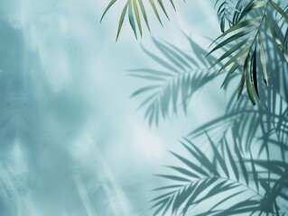 A blue background with a leafy green palm tree and its shadow
