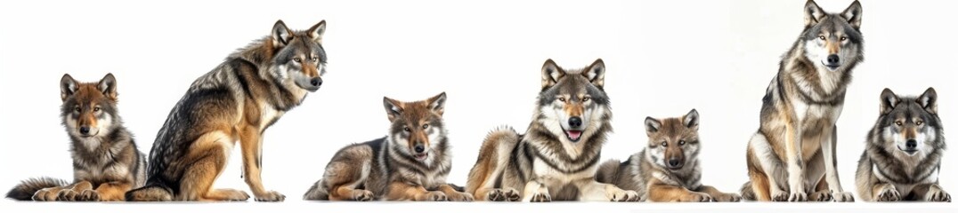 Wildlife animals wolves banner panorama long - Collection of standing, sitting, howling, lying group of wolf family with young baby, isolated on white, Generative AI