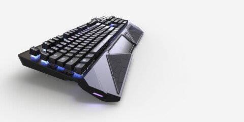 Gaming mechanical keyboard with blue backlighting on white background