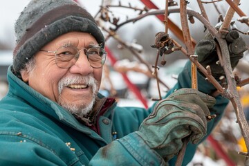 Obraz premium Senior Man Pruning Tree Branches in Winter