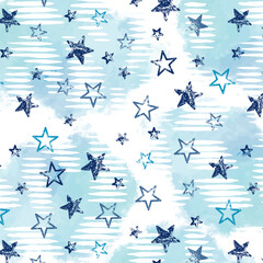 Grunge blue stars in brush stroke colorful clouds