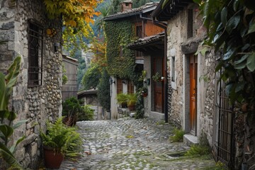 Fototapeta premium A quaint village with cobblestone street