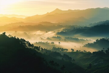 A serene mountain landscape at sunrise