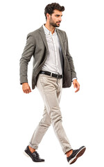 Naklejka premium Isolated walking handsome young man wearing grey jacket, png,cutout on transparent background, ready for architectural visualisation
