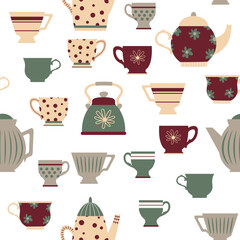 Seamless pattern from different colored cups. Tea, coffee, drinks. Perfect for wallpapers, gift paper, greeting cards, fabrics, textiles, web designs. Hand-drawn. Vector illustration.