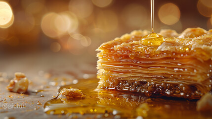 Drizzling Honey Over A Piece Of Baklava Dessert