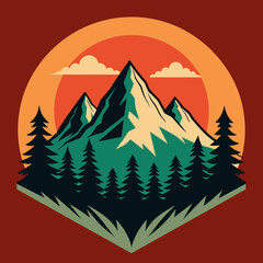 mountain and forest illustration with retro style for t-shirt design