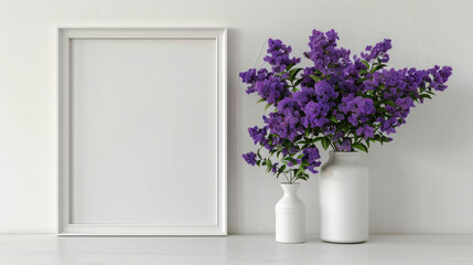 White framed mockup alonog with purple flowers in a vase on a white hardwood table