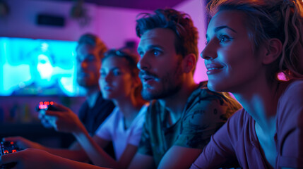 Friends playing an online multiplayer game, their avatars in the foreground with their real-life reactions in the background