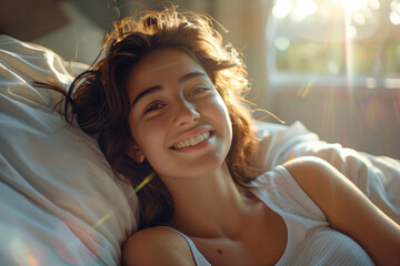 Naklejka premium Woman Waking Up In Bed With Sunshine Streaming Through Window