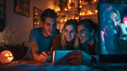 Obraz premium A group of friends enjoying a virtual escape room challenge, solving puzzles together via video